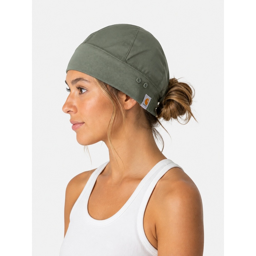 Carhartt Force Scrub Beanie Cap Olive Green Ponytail Hole Mask Buttons NWT New